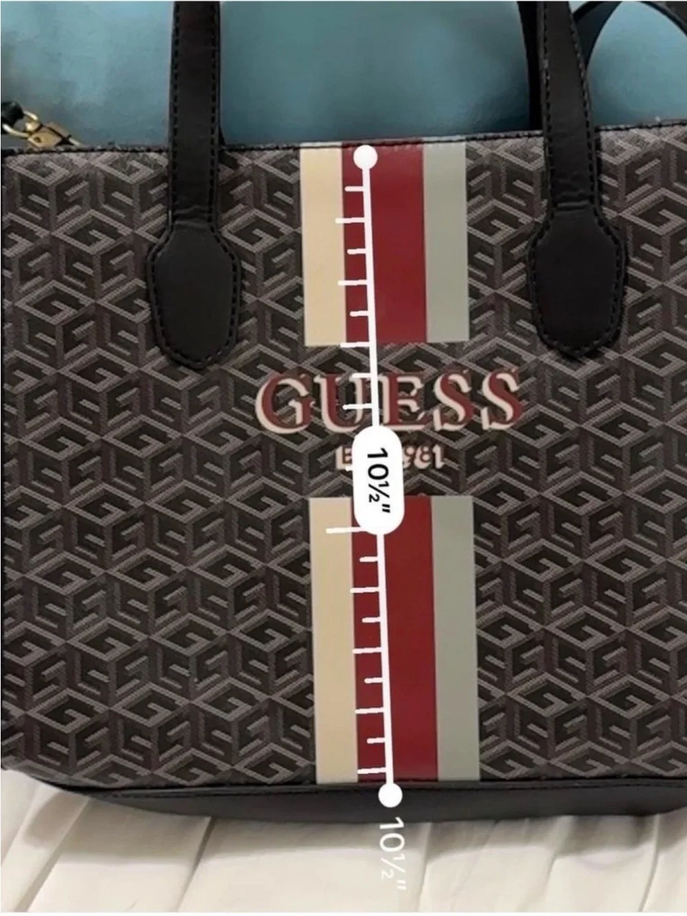 GUESS Monogram Logo Satchel Tote Crossbody Bag Brown Burgundy Stripe